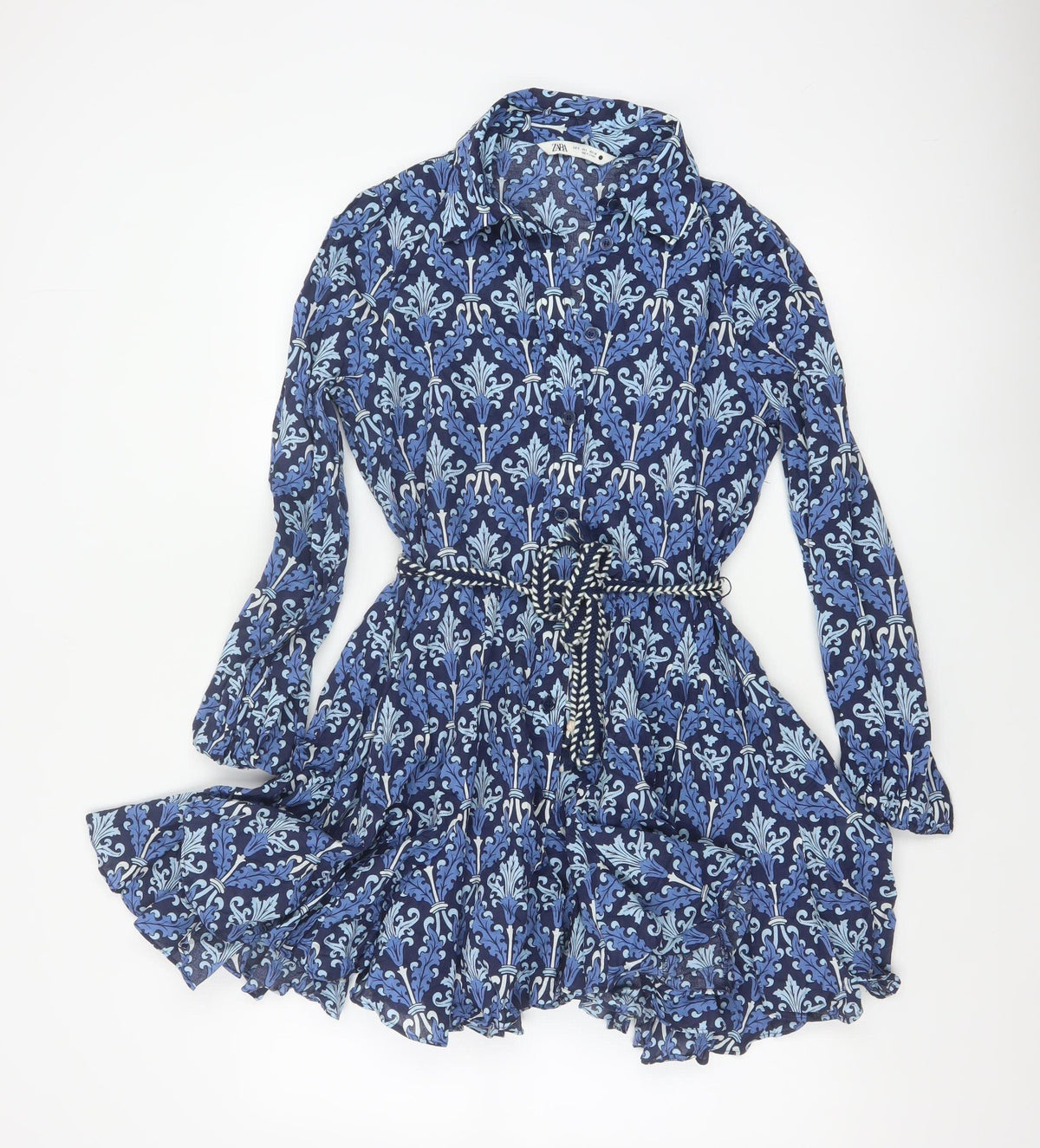 Zara Women Blue UK 8 Cotton Floral Belted Shirt Dress