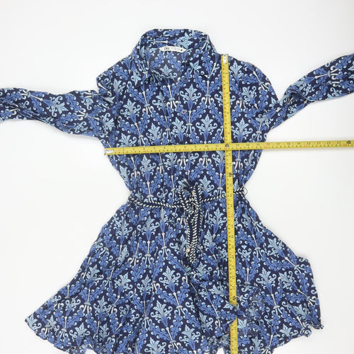 Zara Women Blue UK 8 Cotton Floral Belted Shirt Dress