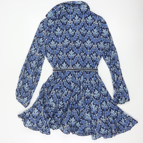 Zara Women Blue UK 8 Cotton Floral Belted Shirt Dress