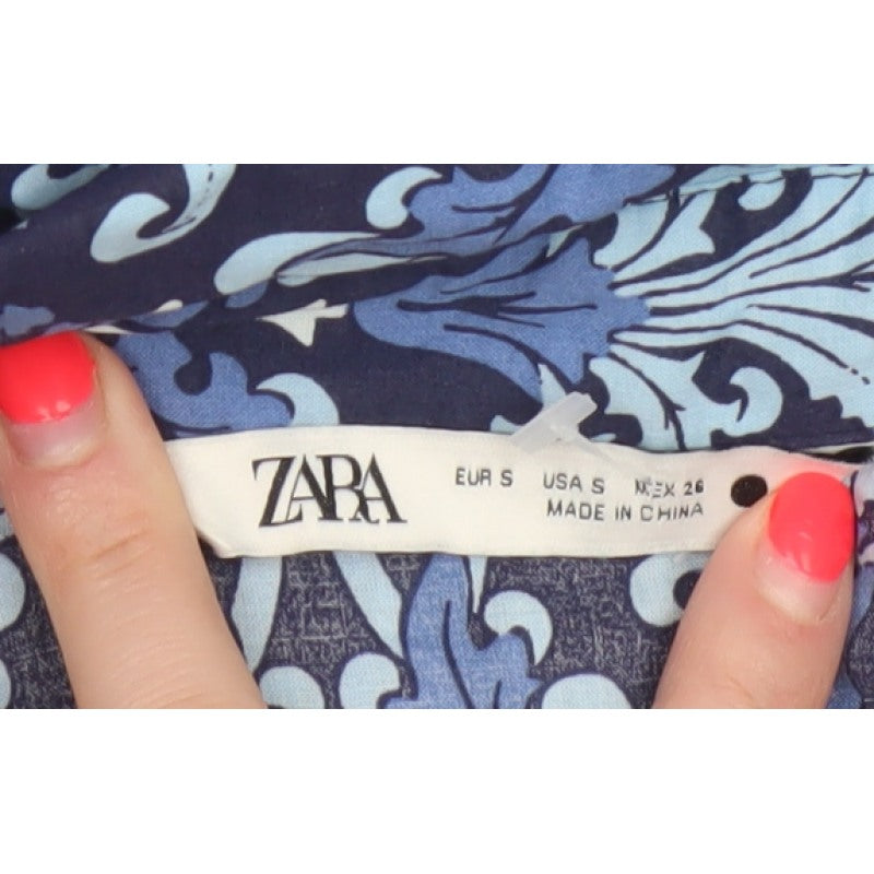 Zara Women Blue UK 8 Cotton Floral Belted Shirt Dress