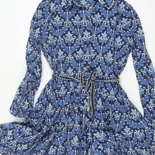 Zara Women Blue UK 8 Cotton Floral Belted Shirt Dress