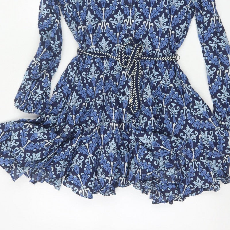 Zara Women Blue UK 8 Cotton Floral Belted Shirt Dress
