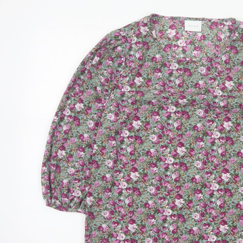 VILA Women Green Floral V-Neck Balloon Sleeve Blouse UK 10