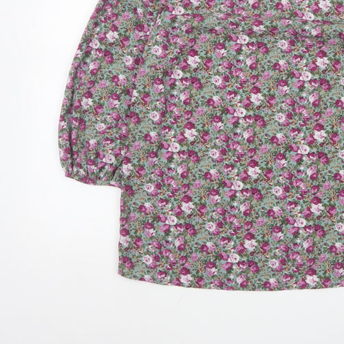 VILA Women Green Floral V-Neck Balloon Sleeve Blouse UK 10
