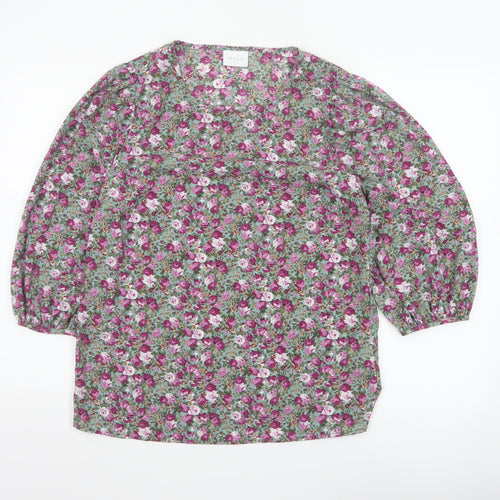 VILA Women Green Floral V-Neck Balloon Sleeve Blouse UK 10