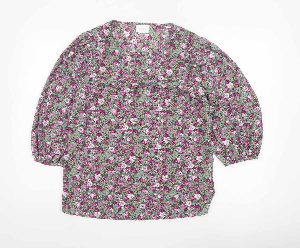VILA Women Green Floral V-Neck Balloon Sleeve Blouse UK 10