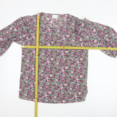 VILA Women Green Floral V-Neck Balloon Sleeve Blouse UK 10