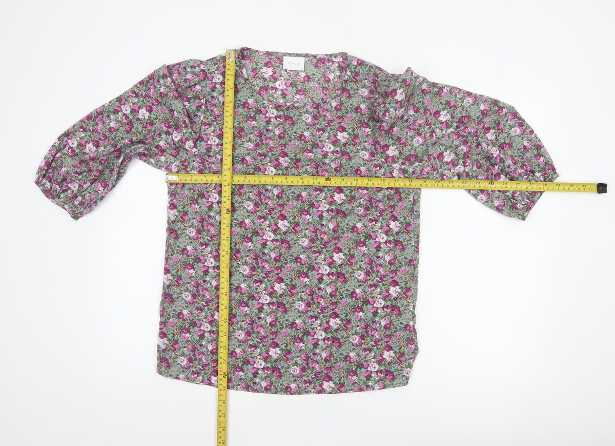 VILA Women Green Floral V-Neck Balloon Sleeve Blouse UK 10