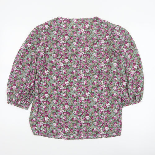 VILA Women Green Floral V-Neck Balloon Sleeve Blouse UK 10