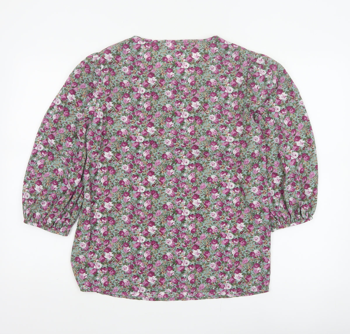 VILA Women Green Floral V-Neck Balloon Sleeve Blouse UK 10