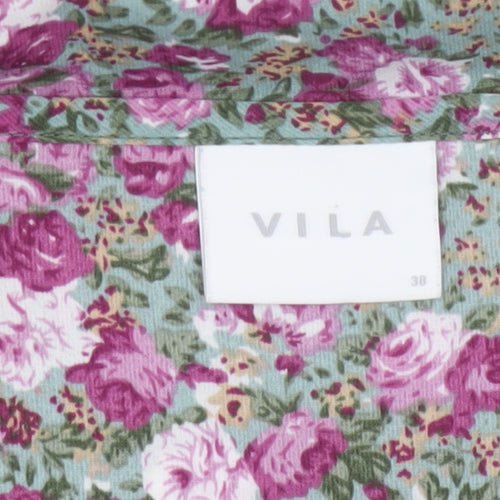 VILA Women Green Floral V-Neck Balloon Sleeve Blouse UK 10