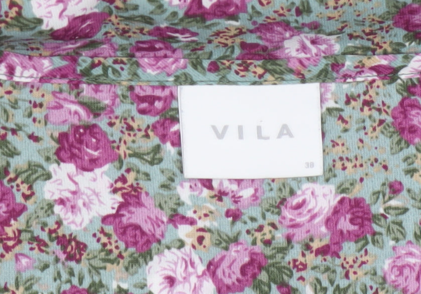 VILA Women Green Floral V-Neck Balloon Sleeve Blouse UK 10