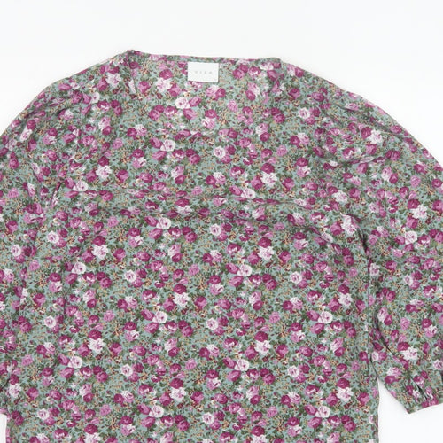 VILA Women Green Floral V-Neck Balloon Sleeve Blouse UK 10