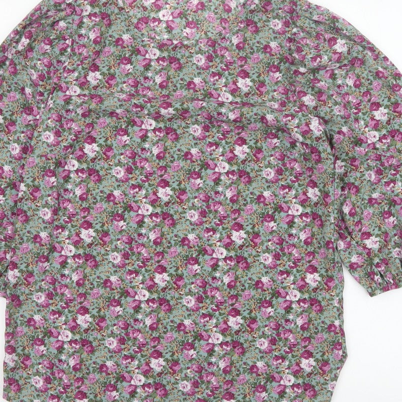 VILA Women Green Floral V-Neck Balloon Sleeve Blouse UK 10