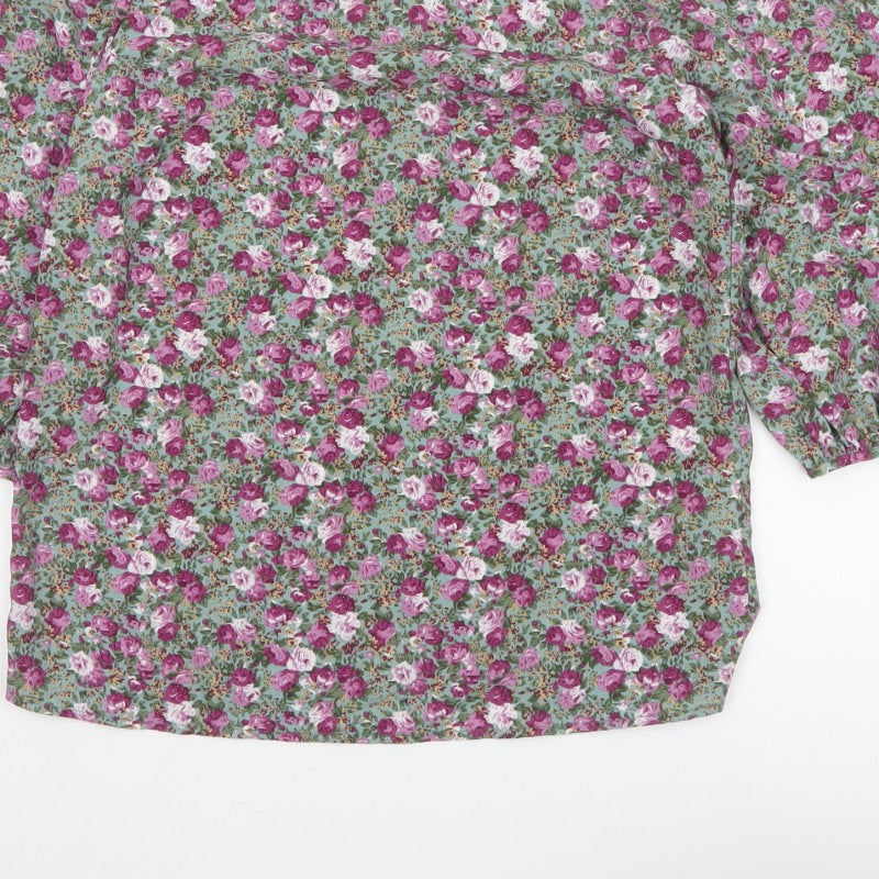 VILA Women Green Floral V-Neck Balloon Sleeve Blouse UK 10
