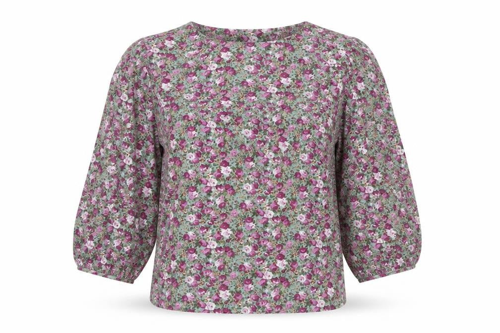 VILA Women Green Floral V-Neck Balloon Sleeve Blouse UK 10