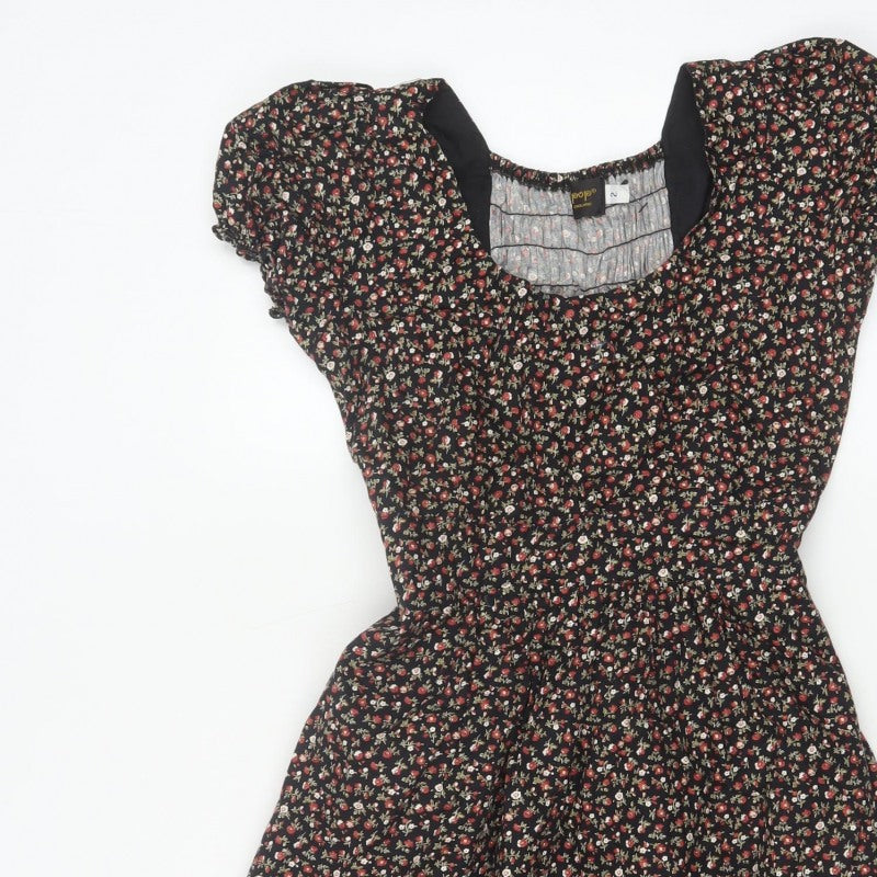 Pop England Women’s Black Floral Fit & Flare Dress UK 10 Puff Sleeve