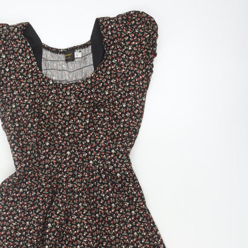 Pop England Women’s Black Floral Fit & Flare Dress UK 10 Puff Sleeve