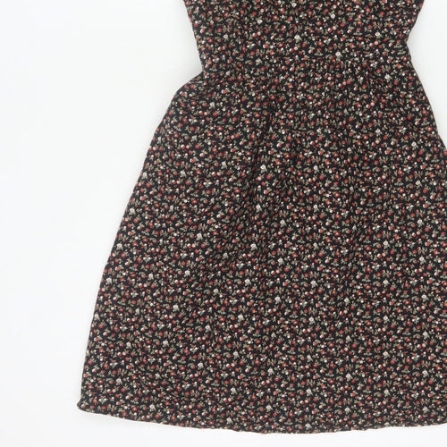 Pop England Women’s Black Floral Fit & Flare Dress UK 10 Puff Sleeve
