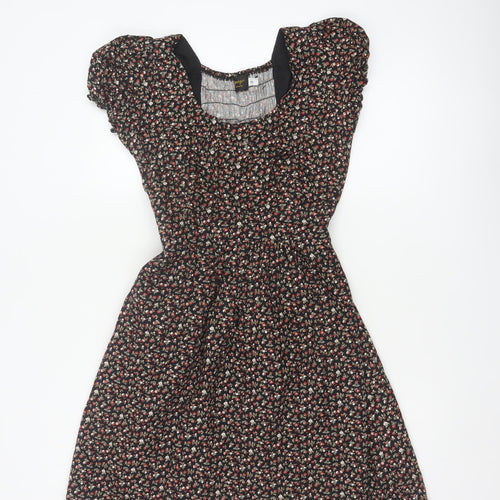 Pop England Women’s Black Floral Fit & Flare Dress UK 10 Puff Sleeve