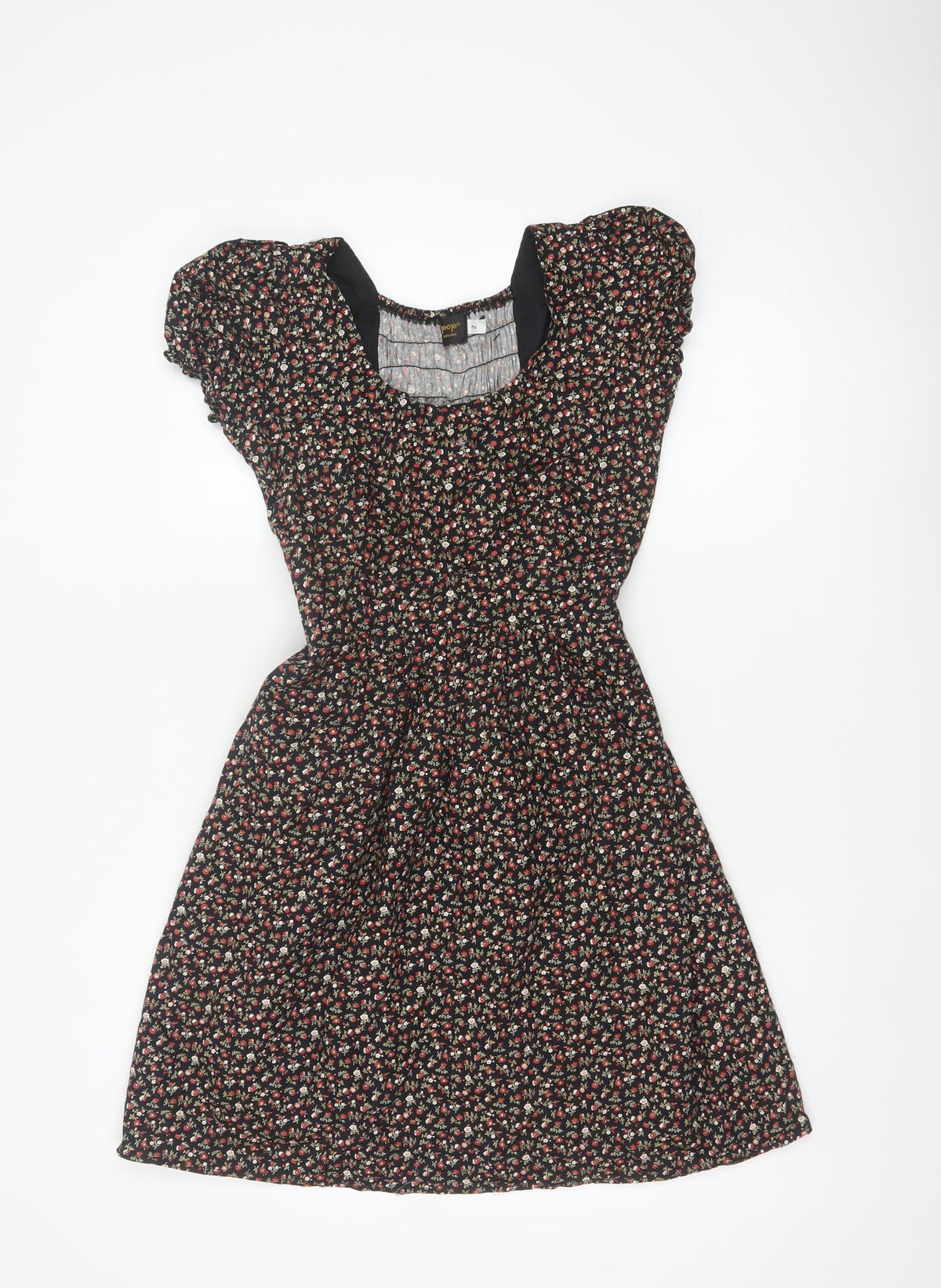 Pop England Women’s Black Floral Fit & Flare Dress UK 10 Puff Sleeve
