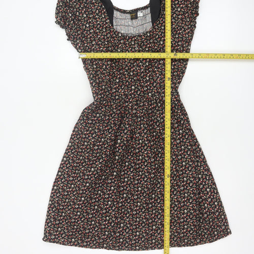 Pop England Women’s Black Floral Fit & Flare Dress UK 10 Puff Sleeve
