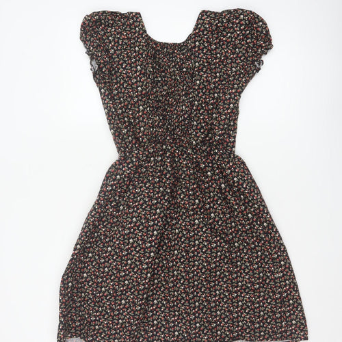 Pop England Women’s Black Floral Fit & Flare Dress UK 10 Puff Sleeve