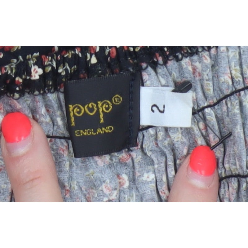 Pop England Women’s Black Floral Fit & Flare Dress UK 10 Puff Sleeve