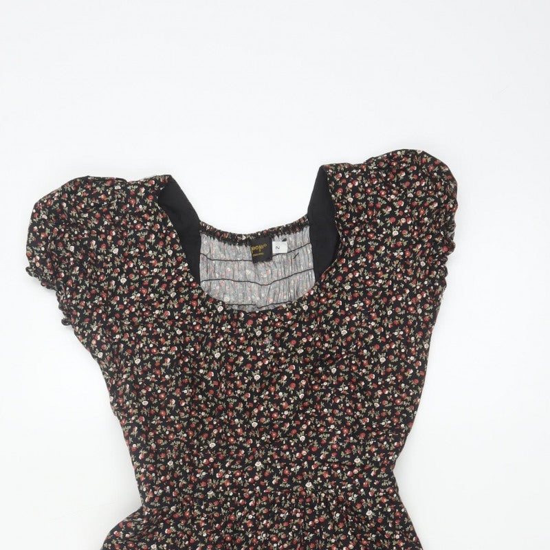 Pop England Women’s Black Floral Fit & Flare Dress UK 10 Puff Sleeve