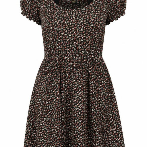 Pop England Women’s Black Floral Fit & Flare Dress UK 10 Puff Sleeve