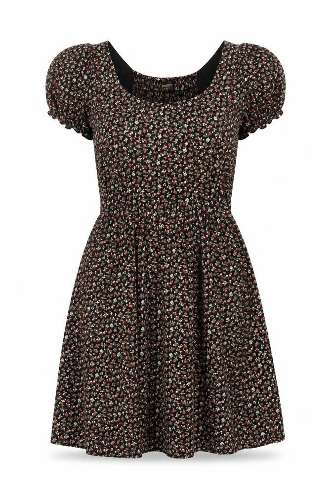 Pop England Women’s Black Floral Fit & Flare Dress UK 10 Puff Sleeve