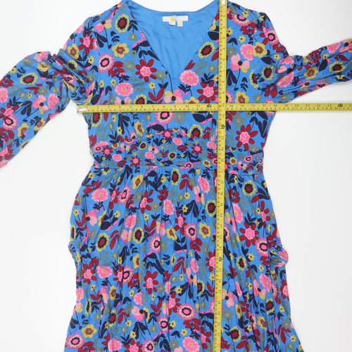 Boden Women Blue Floral Fit & Flare Jersey Dress UK 14 Long Sleeve