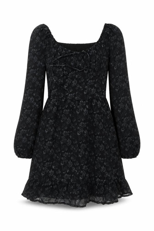 Front view of Hollister Women Black S Floral Fit & Flare Mini Dress Puff Long Sleeve
