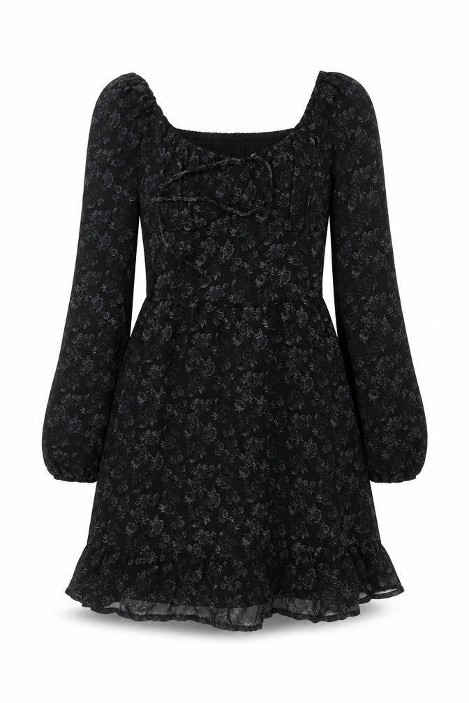 Hollister Women Black S Floral Fit & Flare Mini Dress Puff Long Sleeve