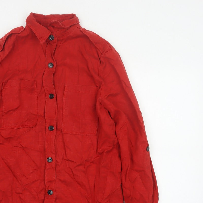 Zara Woman Red S Basic Lyocell Button-Up Shirt Long Sleeve Pockets