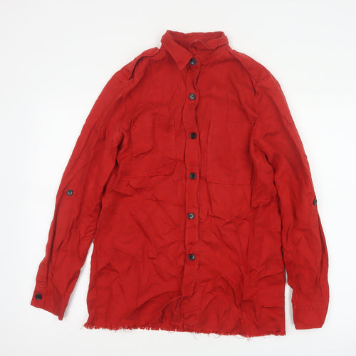 Zara Woman Red S Basic Lyocell Button-Up Shirt Long Sleeve Pockets