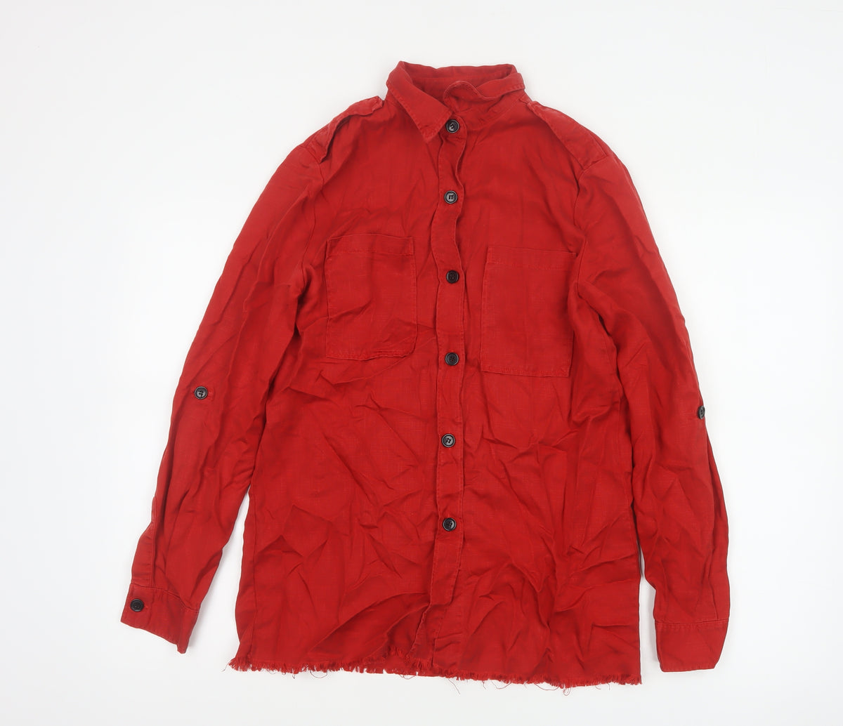 Zara Woman Red S Basic Lyocell Button-Up Shirt Long Sleeve Pockets