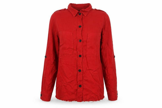 Front view of Zara Woman Red S Basic Lyocell Button-Up Shirt Long Sleeve Pockets