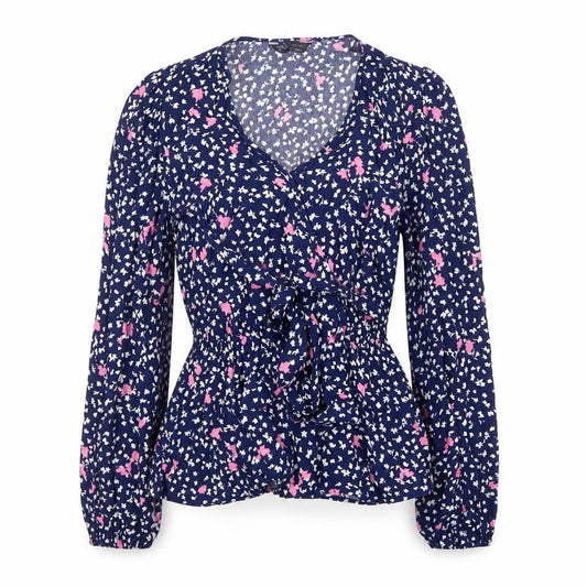 Front view of Marks and Spencer Women’s Blue Floral Wrap Blouse, size UK 6, Long Sleeve