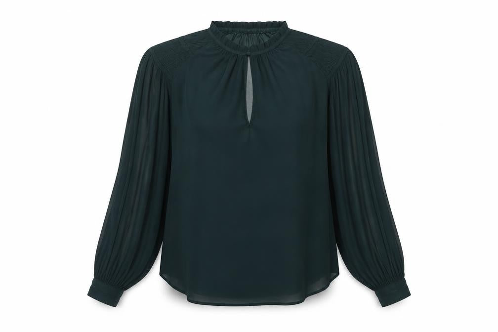 MNG Women’s Green UK 10 High Neck Pleated Long Sleeve Blouse