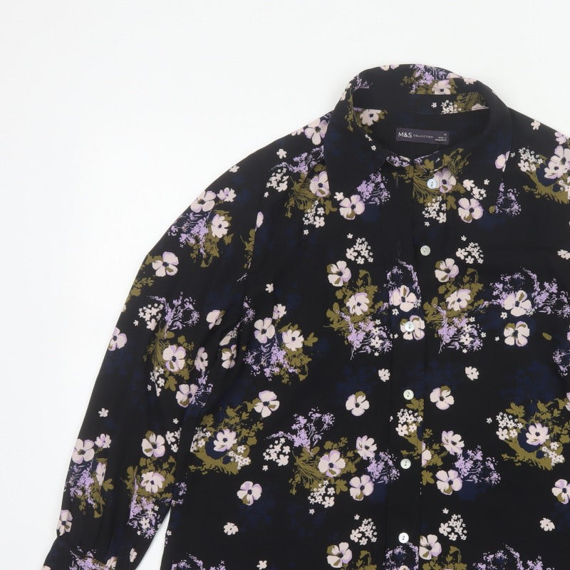 Marks and Spencer Women Black Floral Button-Up Blouse Size 12