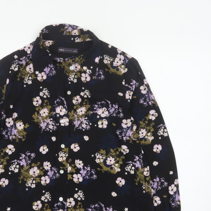 Marks and Spencer Women Black Floral Button-Up Blouse Size 12