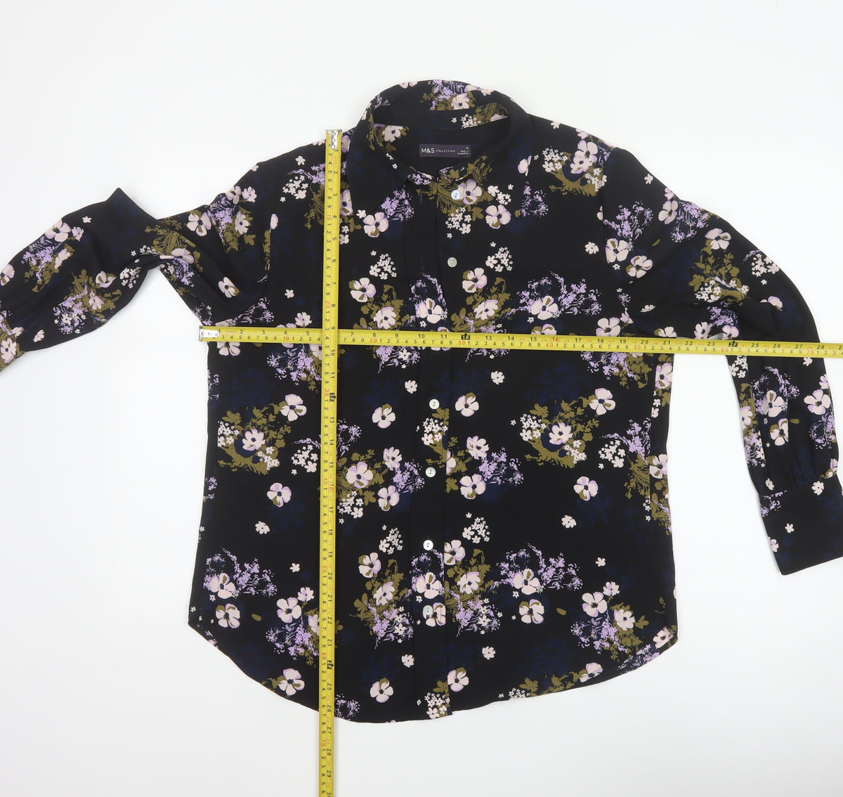 Marks and Spencer Women Black Floral Button-Up Blouse Size 12