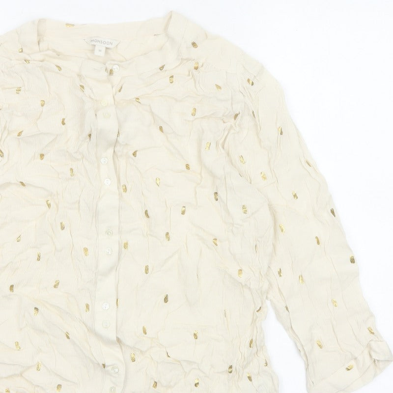 Monsoon Women Ivory M Gold Foil Crinkle Button-Up Long Sleeve Blouse