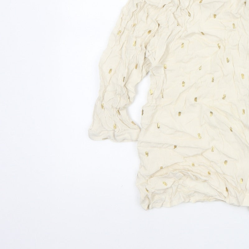 Monsoon Women Ivory M Gold Foil Crinkle Button-Up Long Sleeve Blouse
