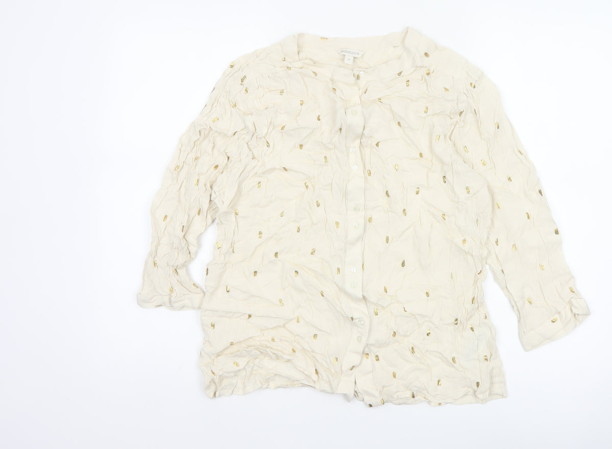 Monsoon Women Ivory M Gold Foil Crinkle Button-Up Long Sleeve Blouse