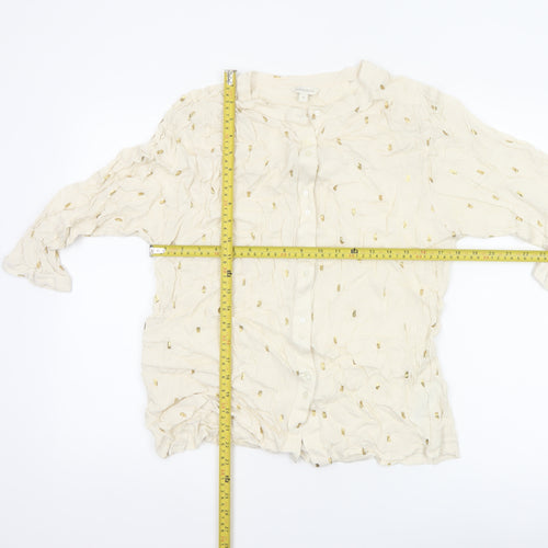 Monsoon Women Ivory M Gold Foil Crinkle Button-Up Long Sleeve Blouse