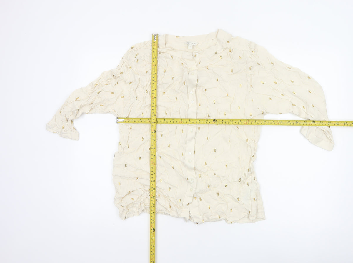 Monsoon Women Ivory M Gold Foil Crinkle Button-Up Long Sleeve Blouse