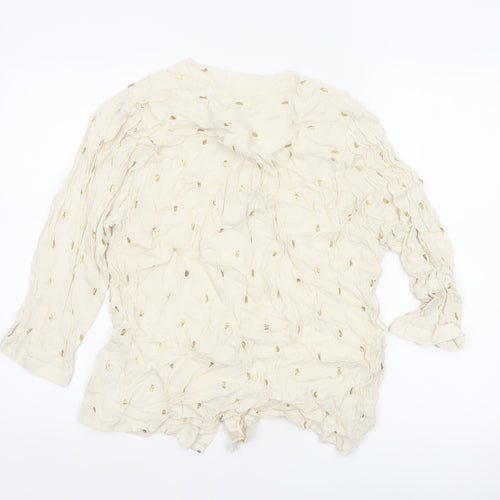 Monsoon Women Ivory M Gold Foil Crinkle Button-Up Long Sleeve Blouse