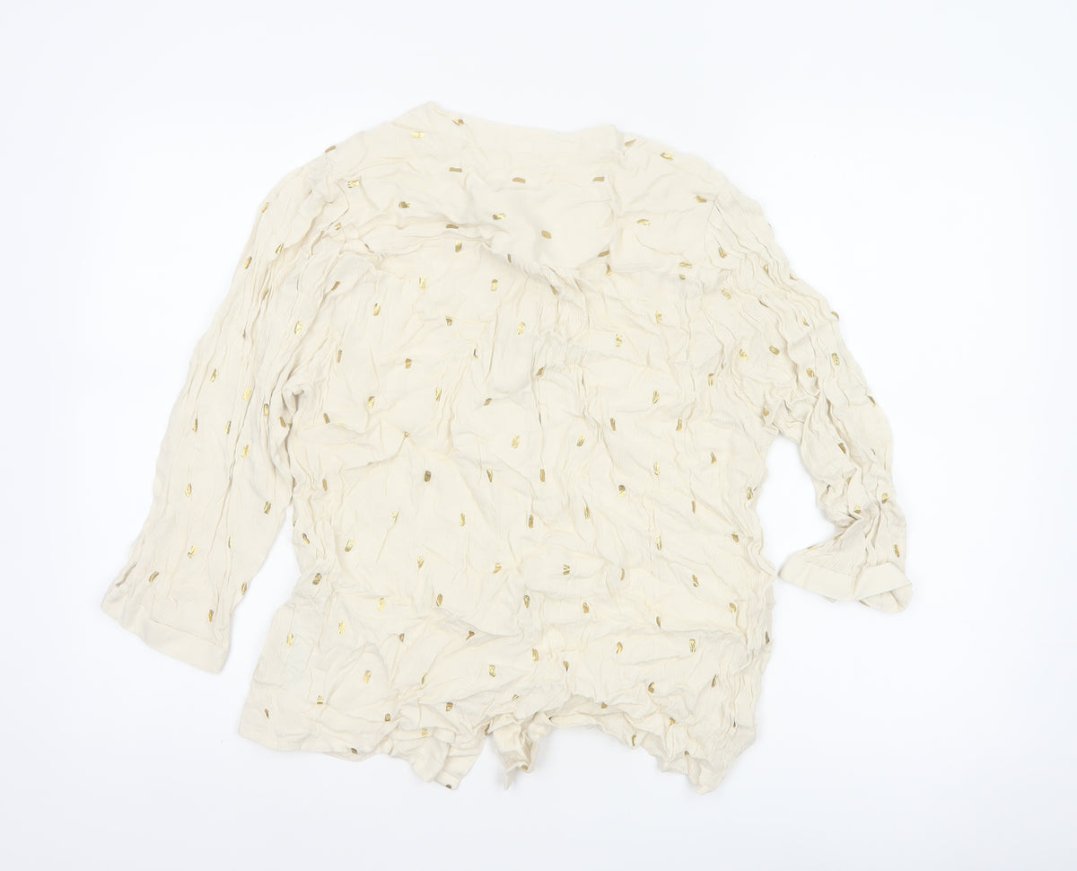 Monsoon Women Ivory M Gold Foil Crinkle Button-Up Long Sleeve Blouse